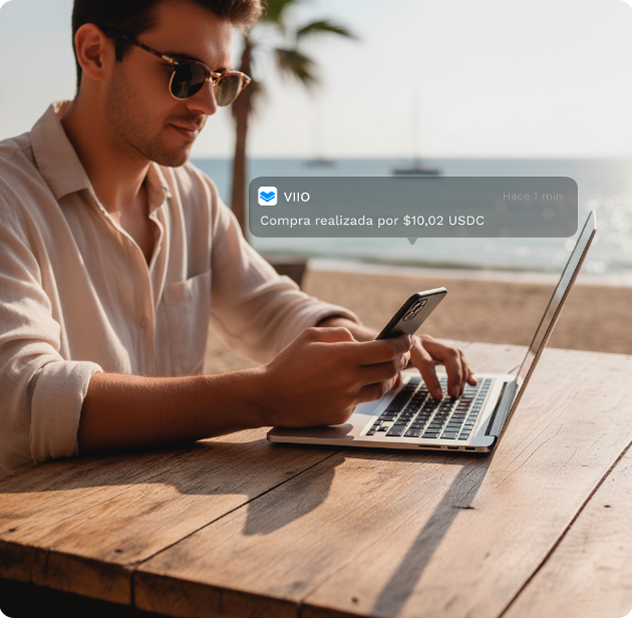 Recibe alertas instantáneas cada vez que uses tu tarjeta física o virtual. Sigue tus movimientos y protege tus fondos 24/7 desde tu app VIIO.